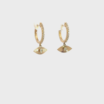 14k Solid Yellow Gold Diamond Hoops and Dangle Eye_VIdeo