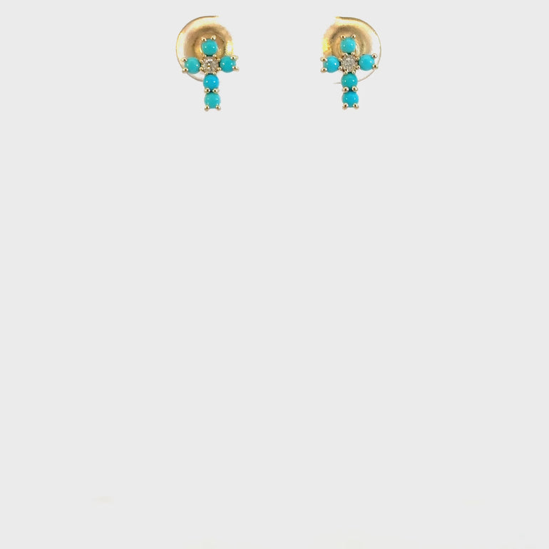 14K Solid Yellow Gold Turquoise and Diamond Stud Earrings_Video