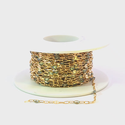 V295OP3GF. 14K Gold Filled Green Shade Opal Enamel Chain with Paperclip and Diamond Cut Marina Links