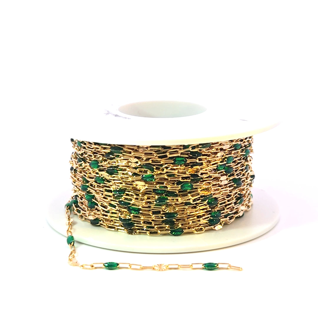V295GRGF. 14K Gold Filled Green Color Enamel with Paperclip and Diamond Cut Marina Links
