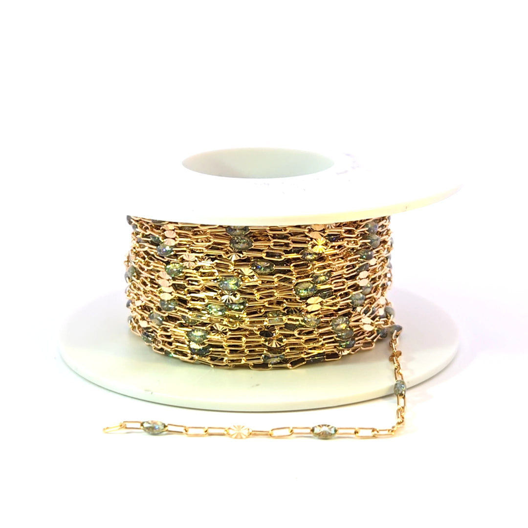 V295OP3GF. 14K Gold Filled Green Shade Opal Enamel Chain with Paperclip and Diamond Cut Marina Links