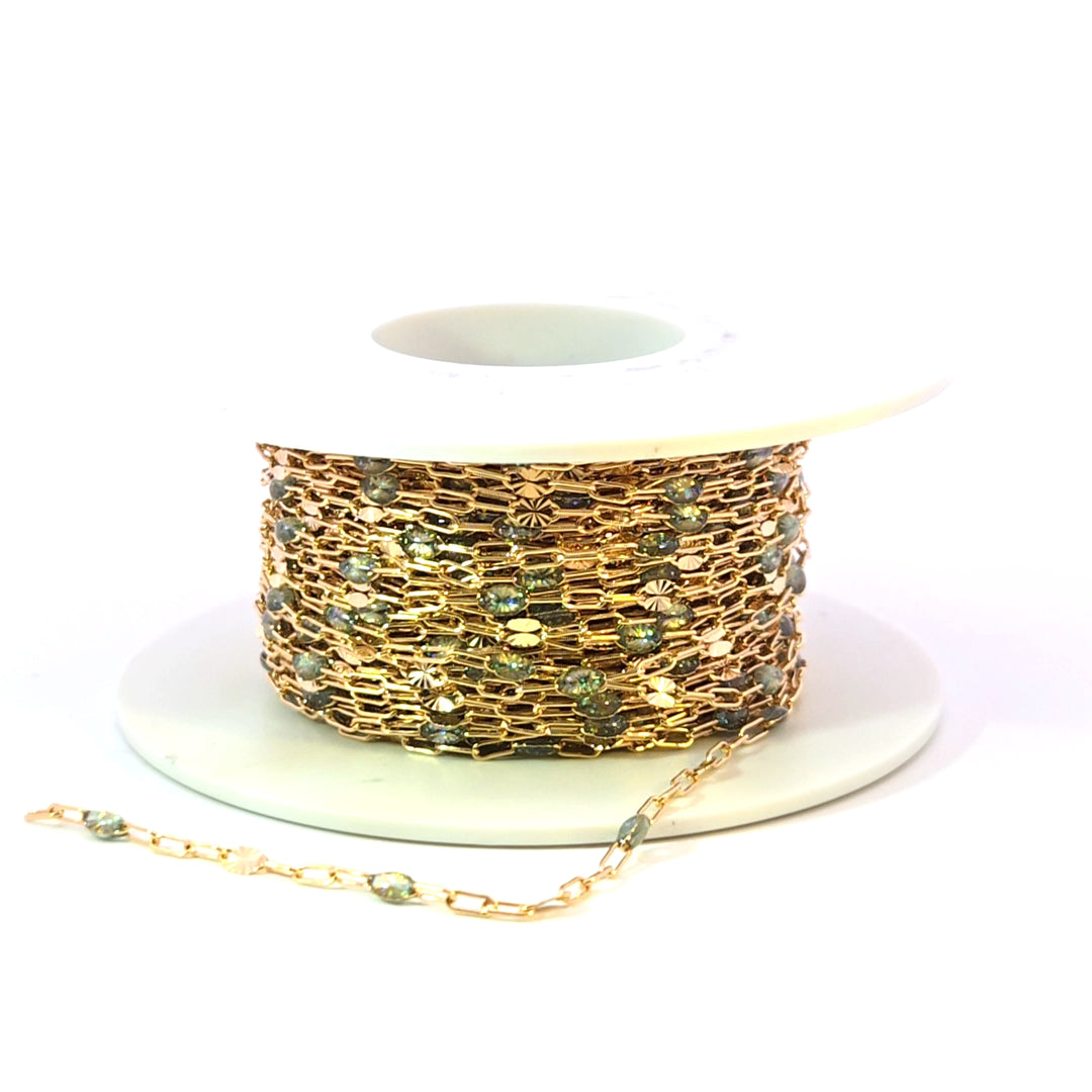 V295OP3GF. 14K Gold Filled Green Shade Opal Enamel Chain with Paperclip and Diamond Cut Marina Links