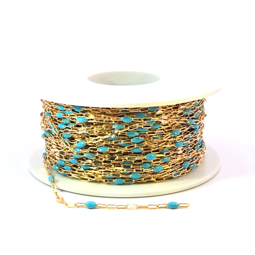 V295TURGF. 14K Gold Filled Turquoise Color Enamel with Paperclip and Diamond Cut Marina Links