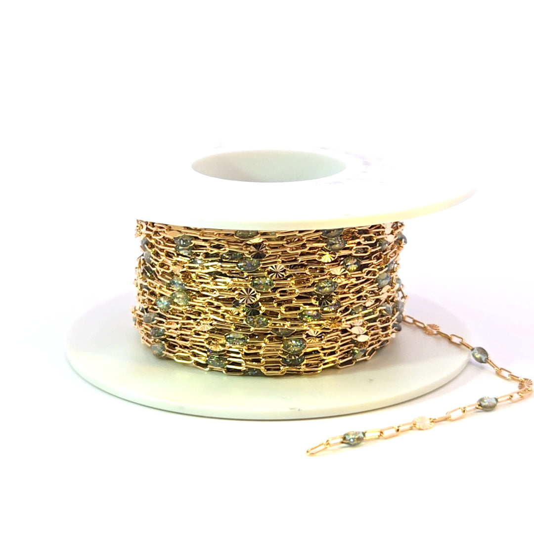 V295OP3GF. 14K Gold Filled Green Shade Opal Enamel Chain with Paperclip and Diamond Cut Marina Links