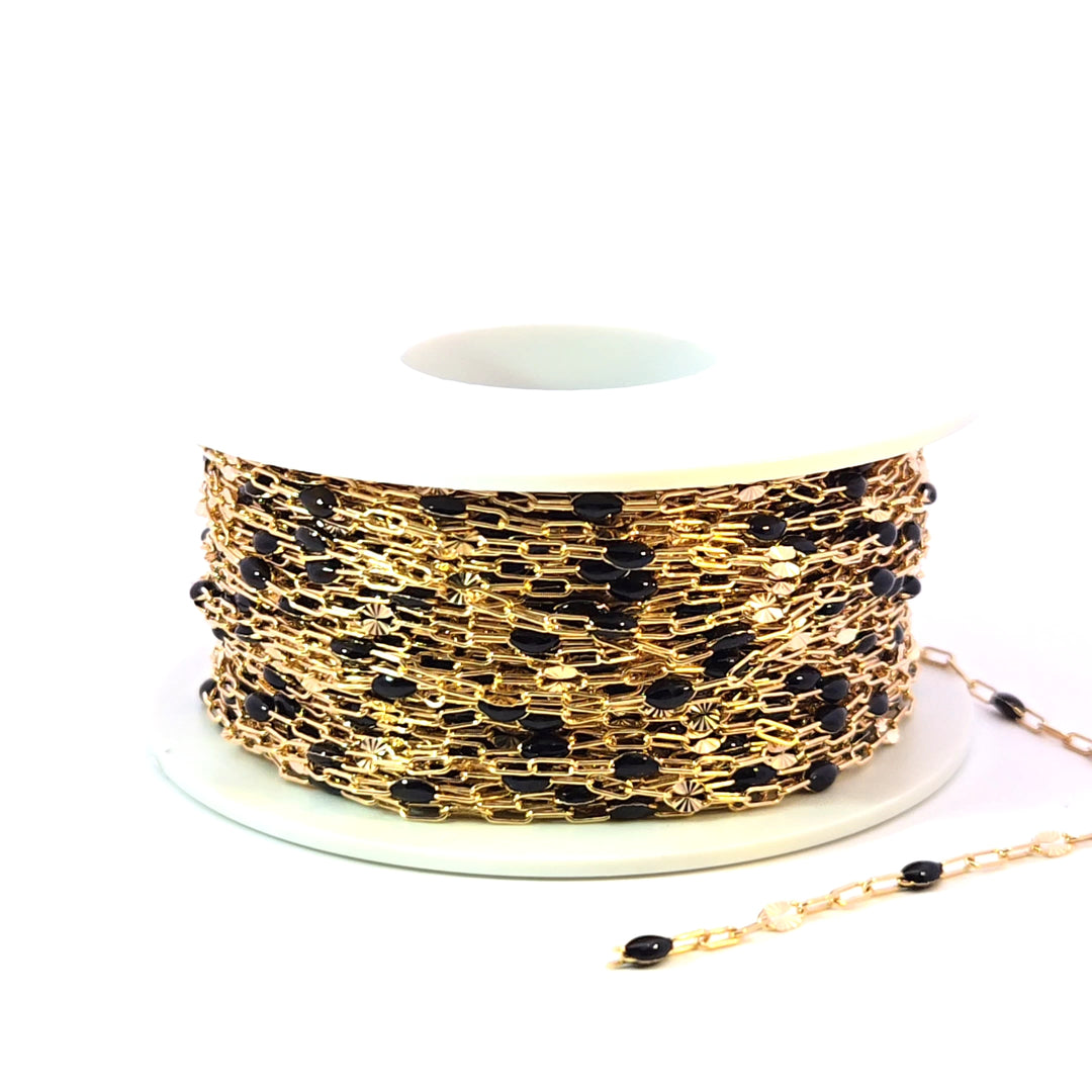 V295BKGF. 14K Gold Filled Black Color Enamel with Paperclip and Diamond Cut Marina Links
