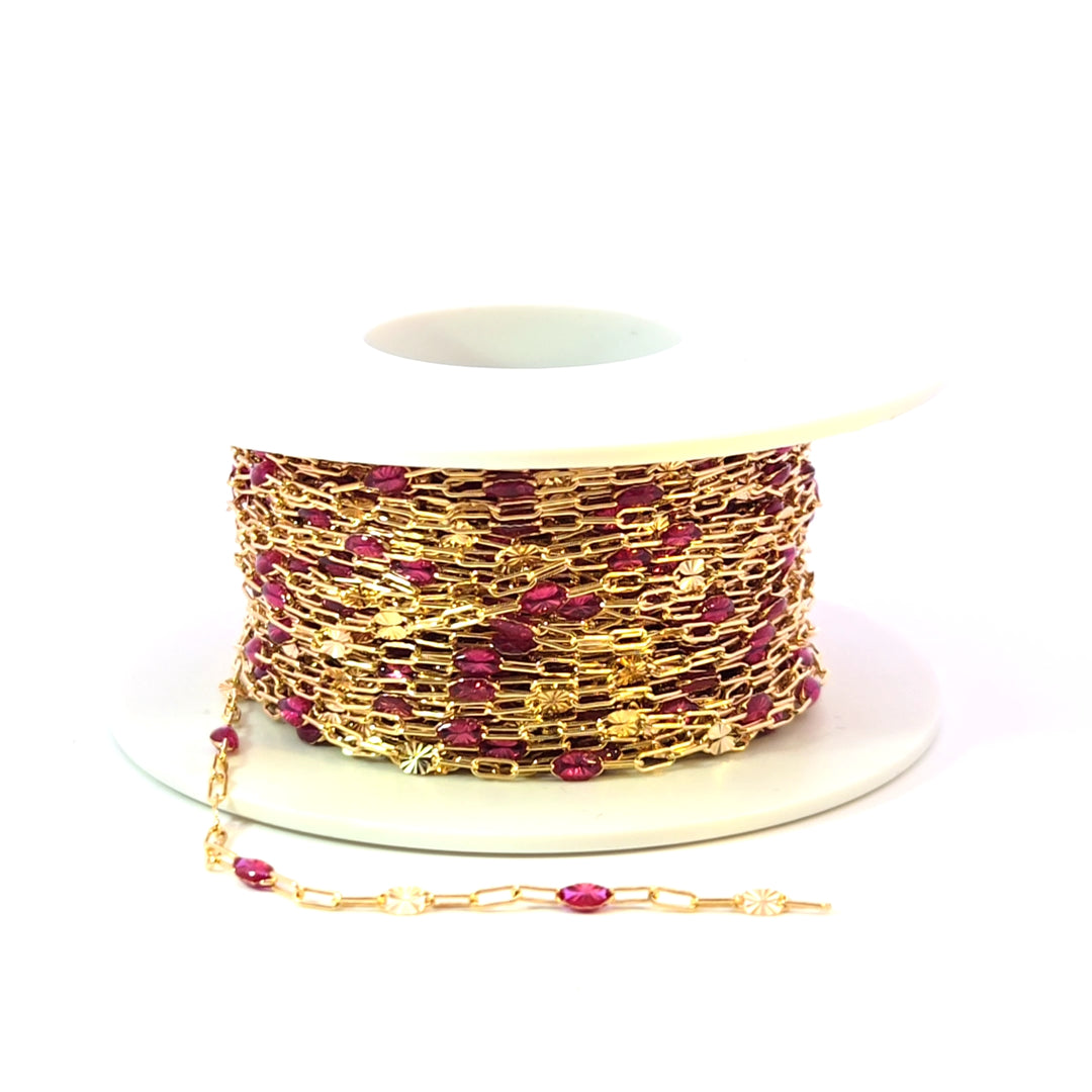 V295WNGF. 14K Gold Filled Wine Color Enamel with Paperclip and Diamond Cut Marina Links