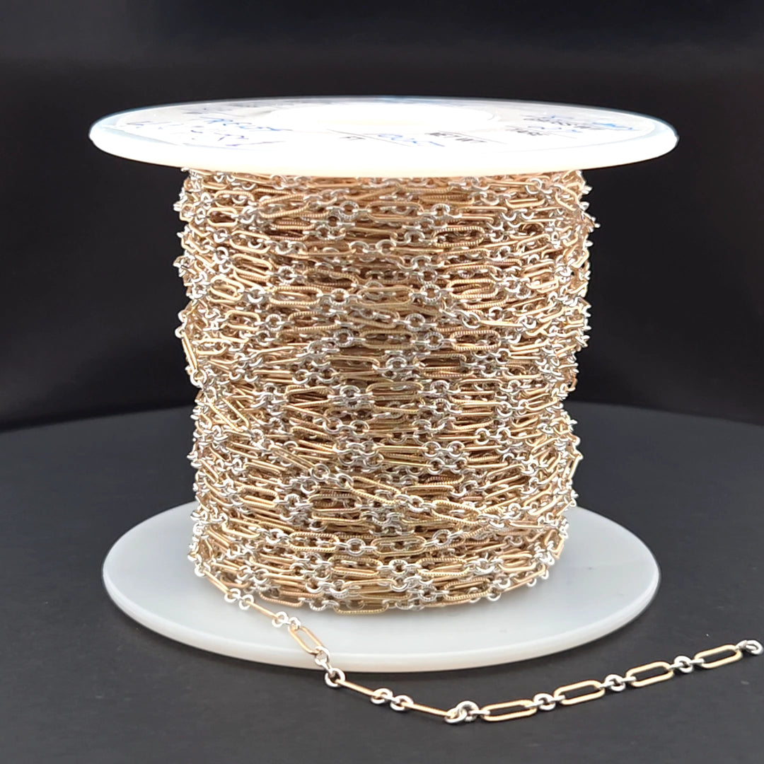 XM/1931K/SP. 14K Gold Filled and Sterling Silver Knurled Link Chain – Long & Short Pattern