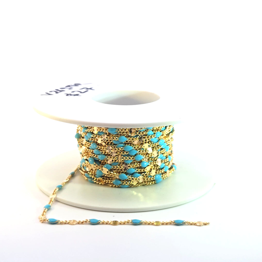 V269TURGF. Gold Filled Turquoise Color Enamel Marina Link Chain