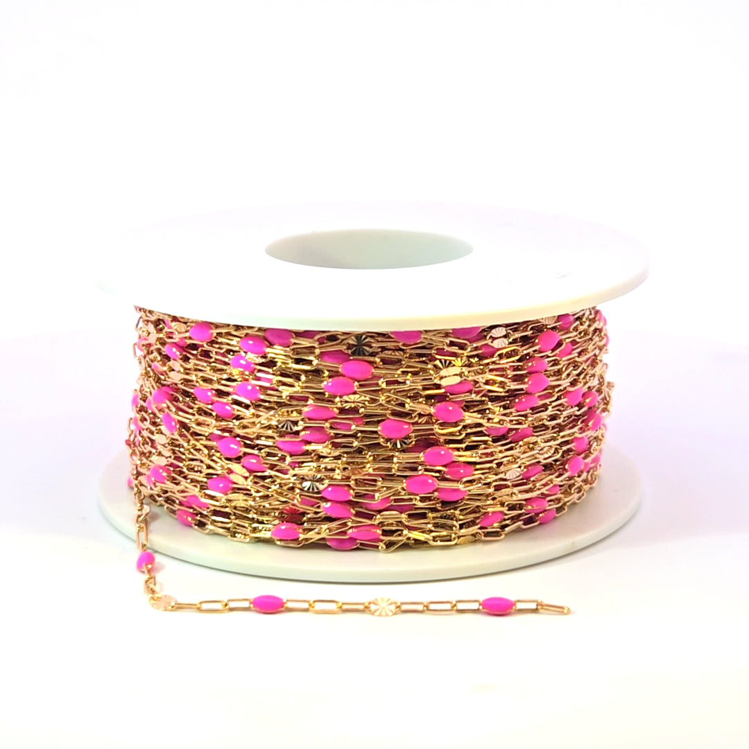 V295PKGF. 14K Gold Filled Pink Color Enamel with Paperclip and Diamond Cut Marina Links