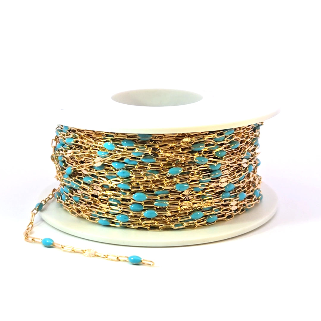 V295TURGF. 14K Gold Filled Turquoise Color Enamel with Paperclip and Diamond Cut Marina Links