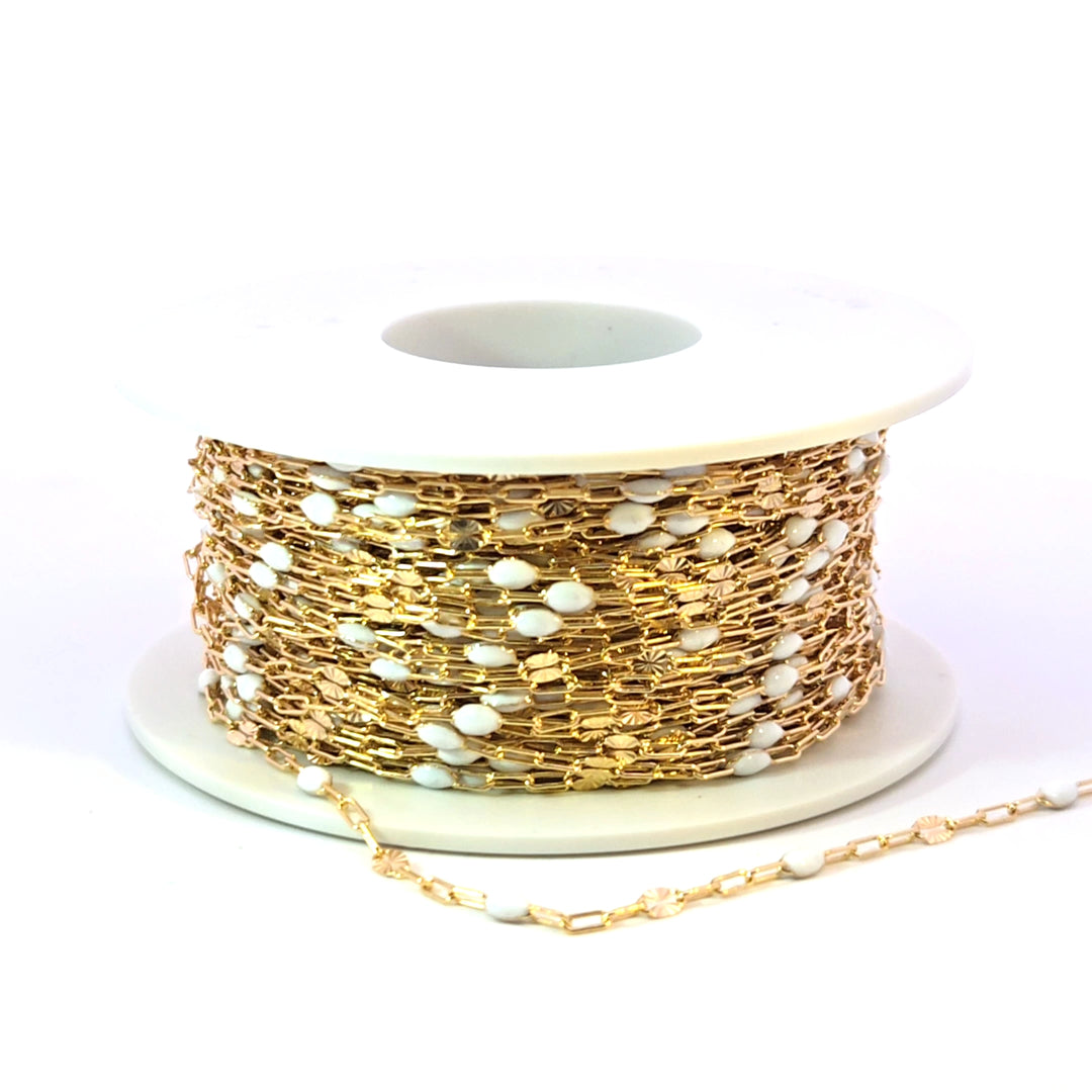 V295WTGF. 14K Gold Filled White Color Enamel with Paperclip and Diamond Cut Marina Links