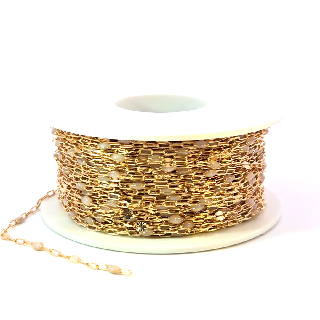 V295OP1GF. 14K Gold Filled Golden Shade Opal Enamel Chain with Paperclip and Diamond Cut Marina Links