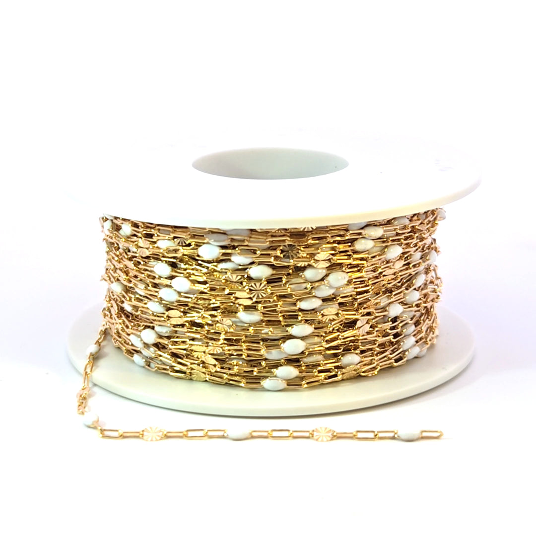 V295WTGF. 14K Gold Filled White Color Enamel with Paperclip and Diamond Cut Marina Links