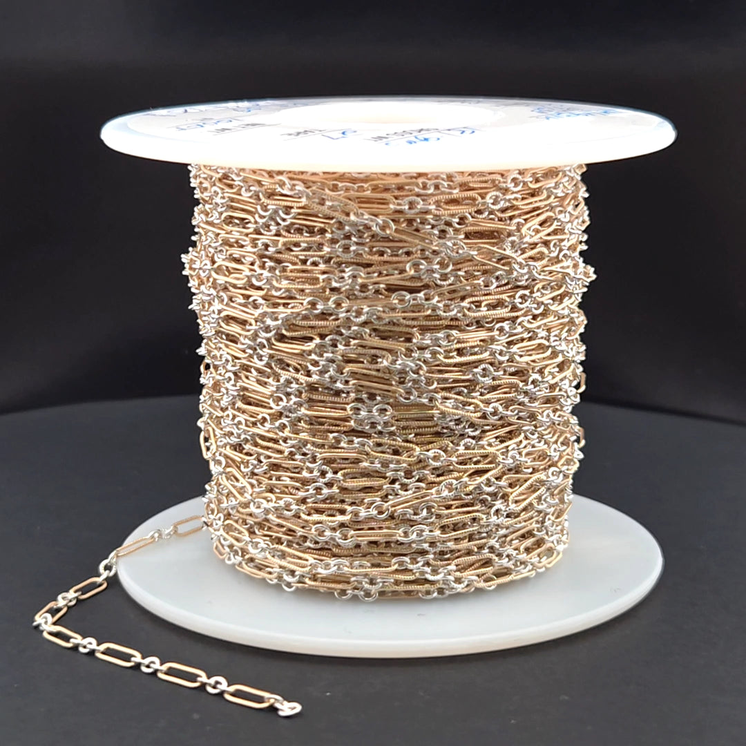 XM/1931K/SP. 14K Gold Filled and Sterling Silver Knurled Link Chain – Long & Short Pattern