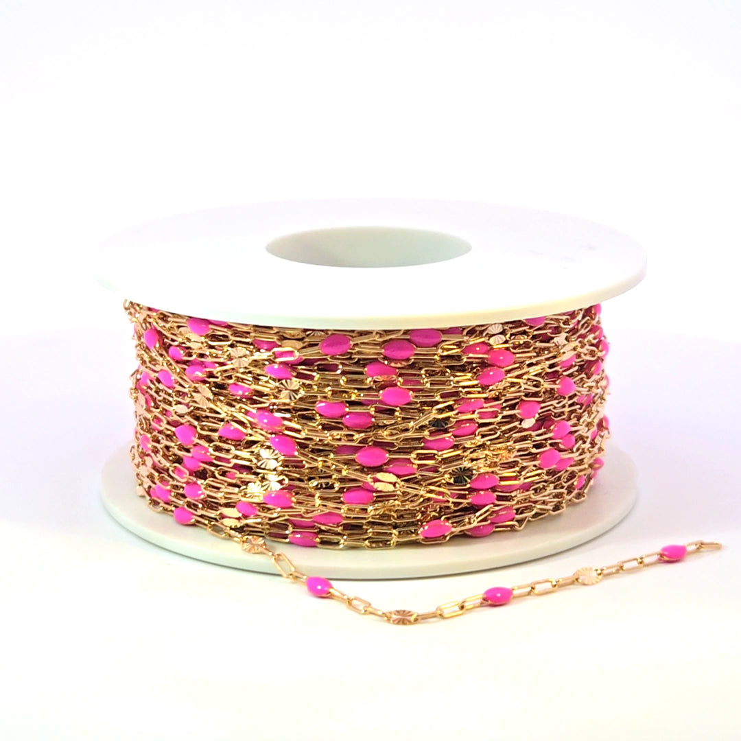 V295PKGF. 14K Gold Filled Pink Color Enamel with Paperclip and Diamond Cut Marina Links