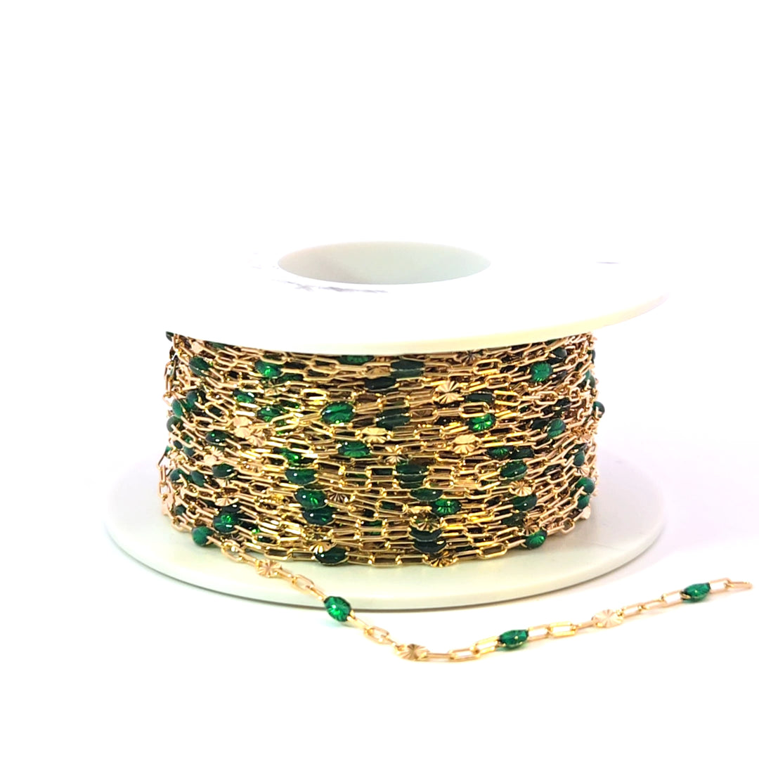 V295GRGF. 14K Gold Filled Green Color Enamel with Paperclip and Diamond Cut Marina Links