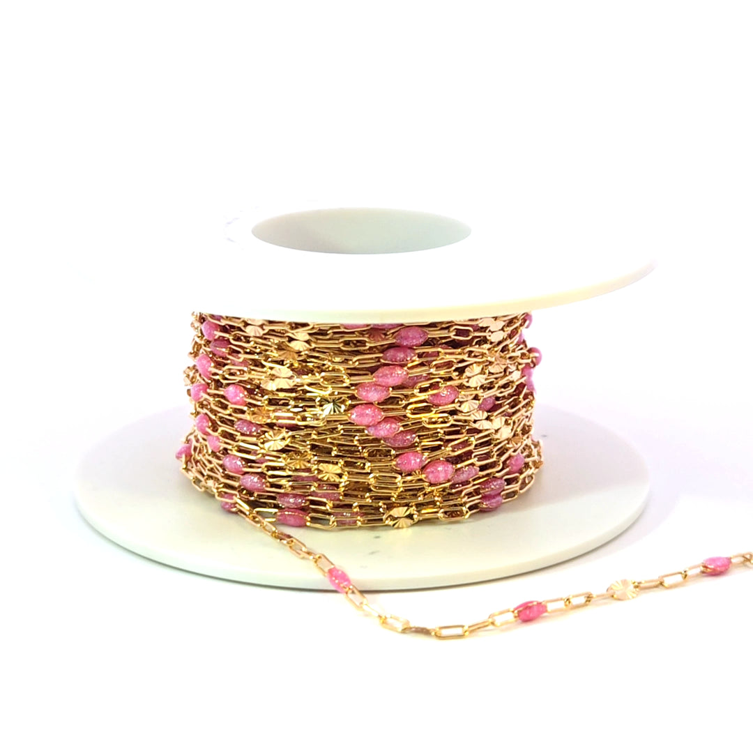 V295RSGF. 14K Gold Filled Rose Color Enamel with Paperclip and Diamond Cut Marina Links