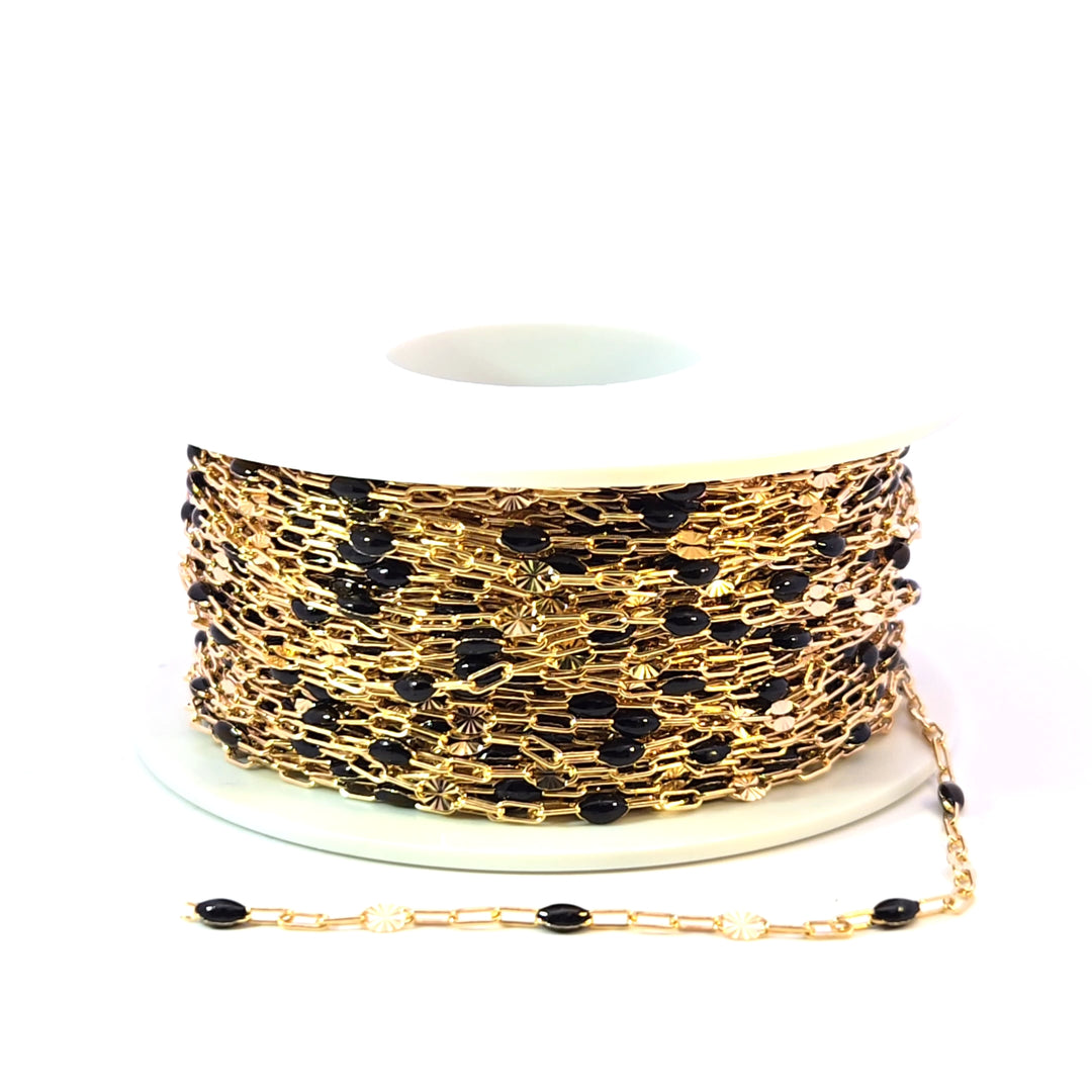 V295BKGF. 14K Gold Filled Black Color Enamel with Paperclip and Diamond Cut Marina Links