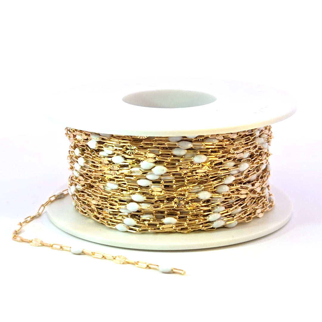 V295WTGF. 14K Gold Filled White Color Enamel with Paperclip and Diamond Cut Marina Links