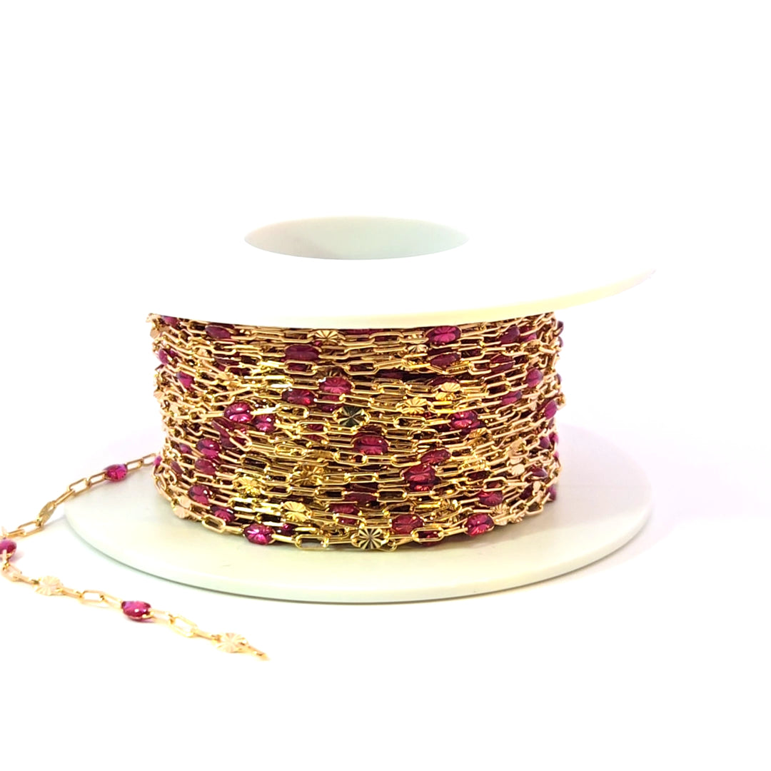 V295WNGF. 14K Gold Filled Wine Color Enamel with Paperclip and Diamond Cut Marina Links