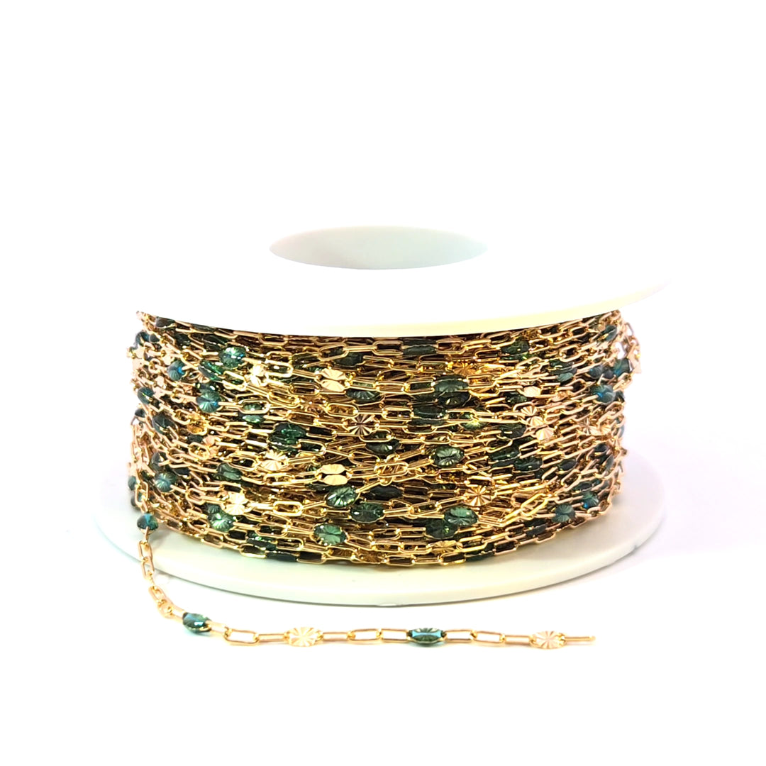 V295OGGF. 14K Gold Filled Olive Green Color Enamel with Paperclip and Diamond Cut Marina Links