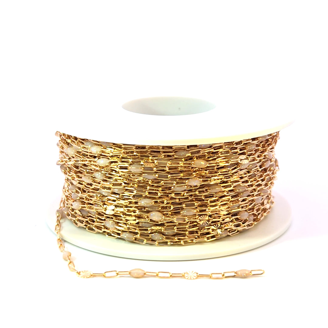 V295OP1GF. 14K Gold Filled Golden Shade Opal Enamel Chain with Paperclip and Diamond Cut Marina Links