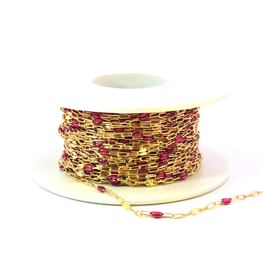 V295WNGF. 14K Gold Filled Wine Color Enamel with Paperclip and Diamond Cut Marina Links