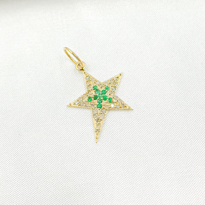 GDP658. 14k Solid Gold Diamond & Emerald Star Charm