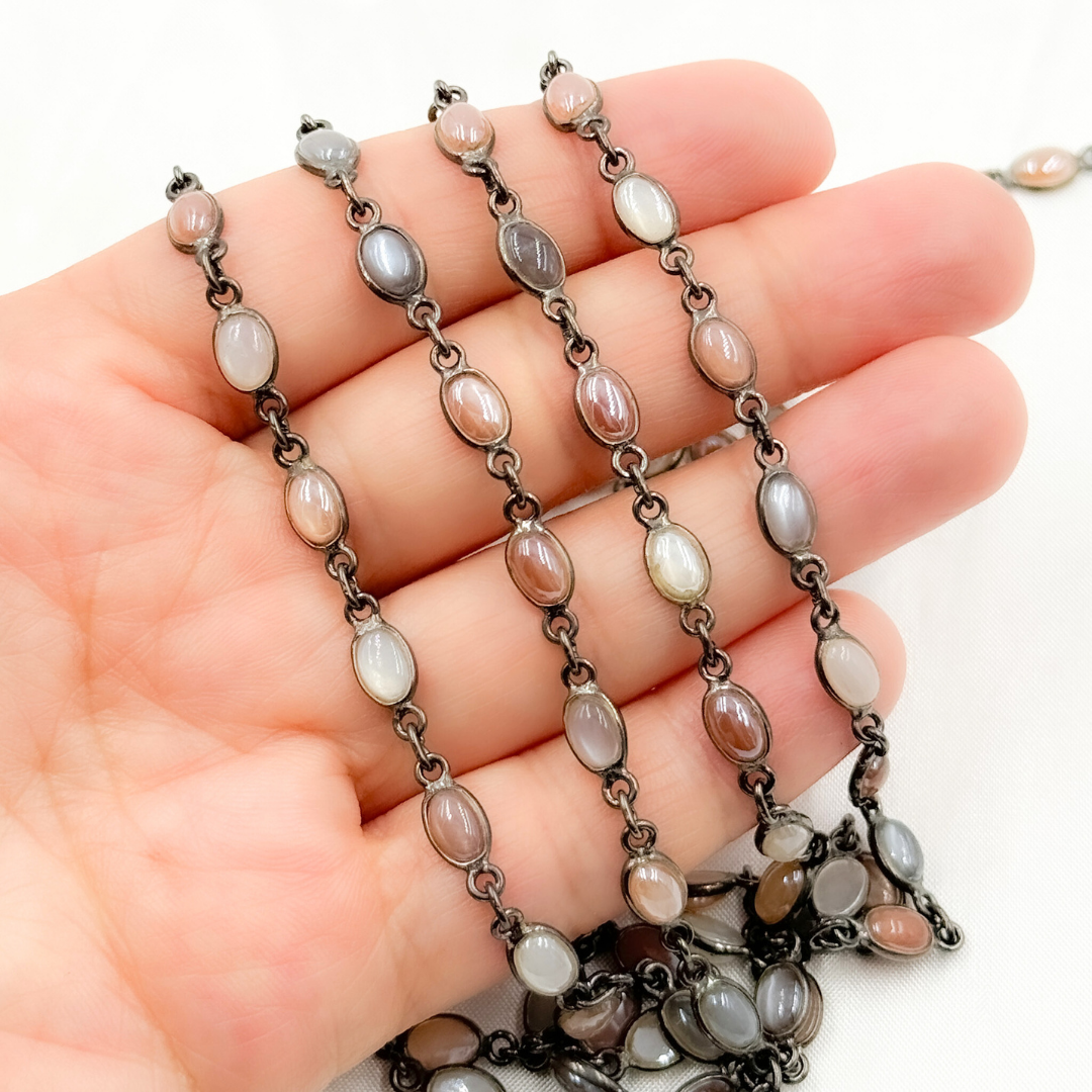 Coated Multi Moonstone Oval Shape Bezel Oxidized Wire Chain. CMS106