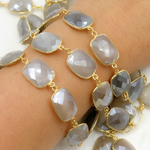 Load image into Gallery viewer, Coated Grey Moonstone Rectangular Shape Bezel Gold Plated Silver Wire Chain. CMS27
