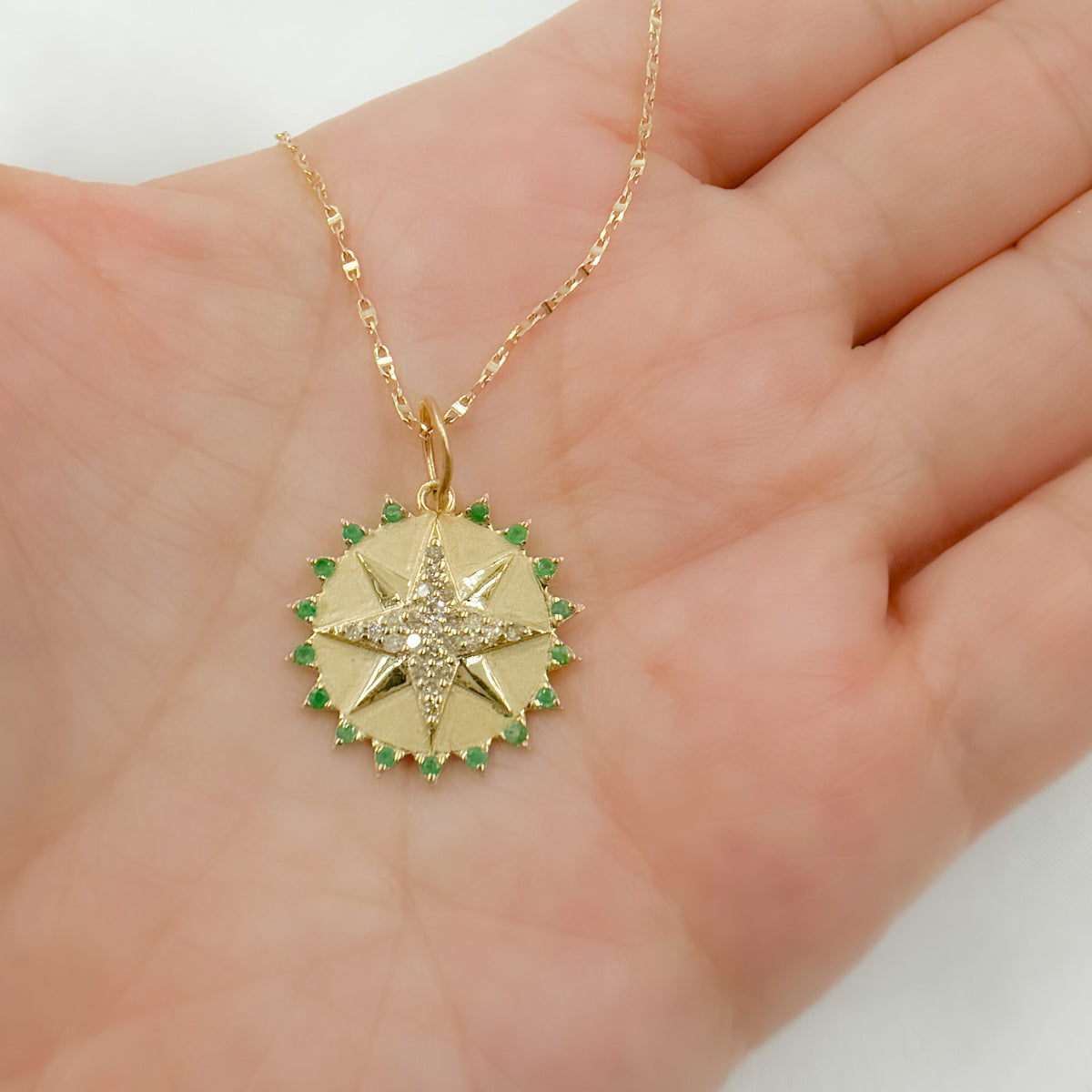 GDP618. 14k Solid Gold Diamond & Emerald Circle Charm