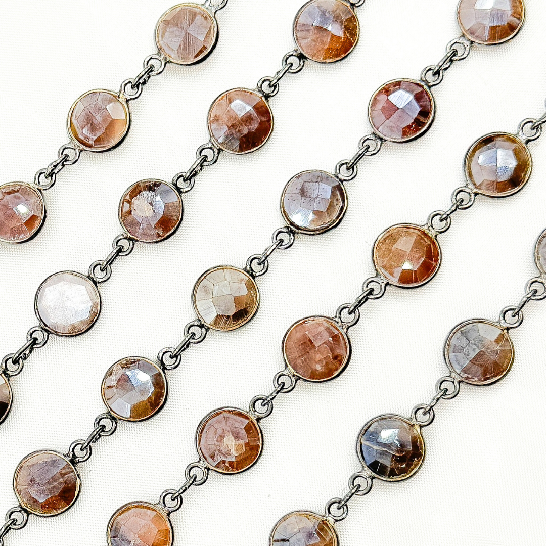 Coated Chocolate Moonstone Round Shape Bezel Oxidized Wire Chain. CMS13