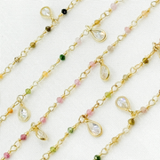 Multi Tourmaline & CZ Dangle Gold Plated Wire Chain.