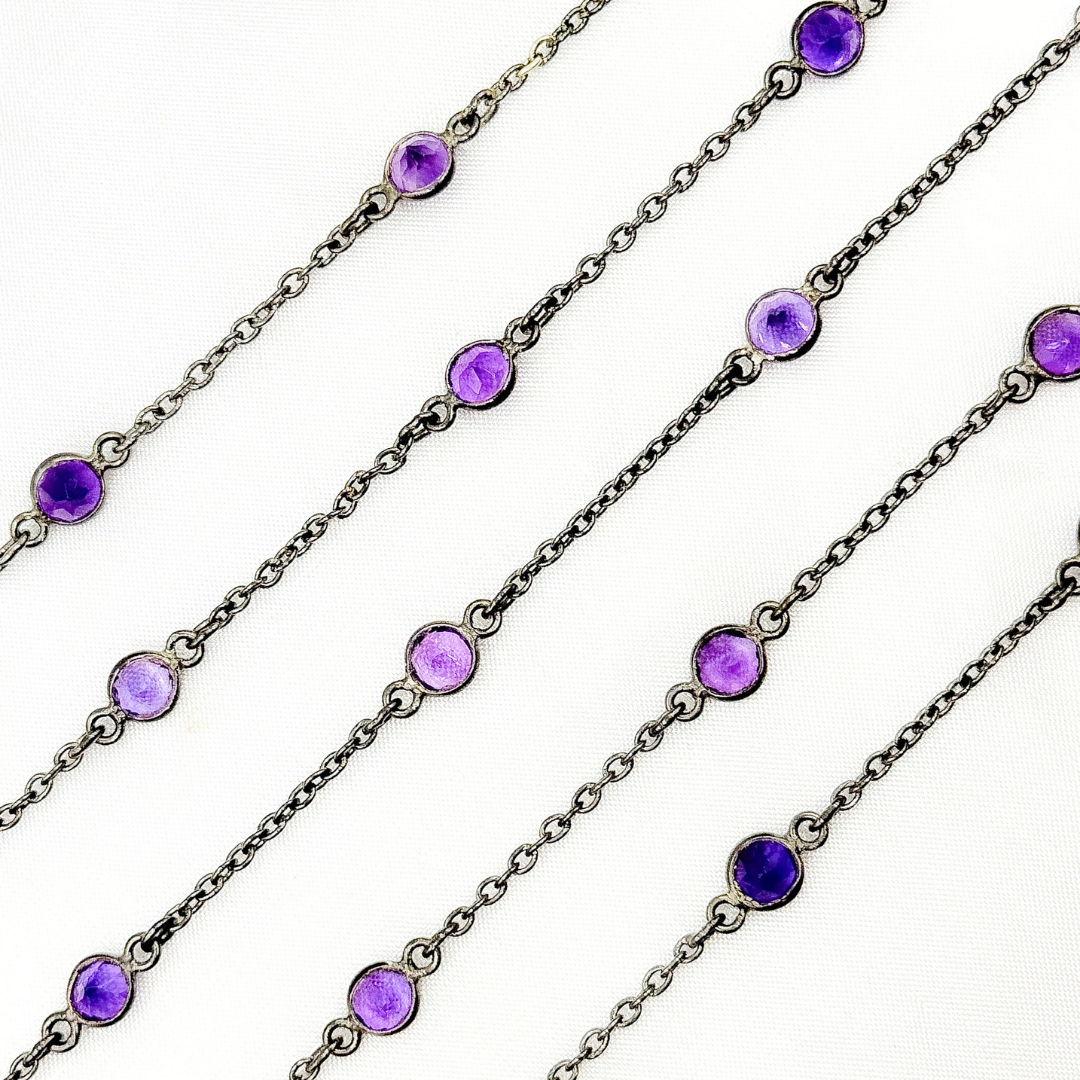 Amethyst Round Shape Bezel Oxidized Connected Wire Chain. AME6