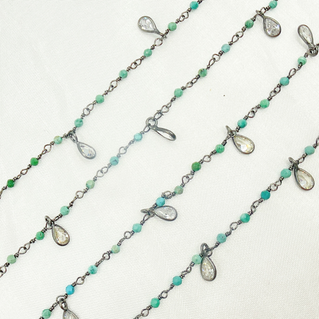 Black Rhodium 925 Sterling Silver Wire Wrap Chain with 2mm Turquoise and CZ. TRQ17