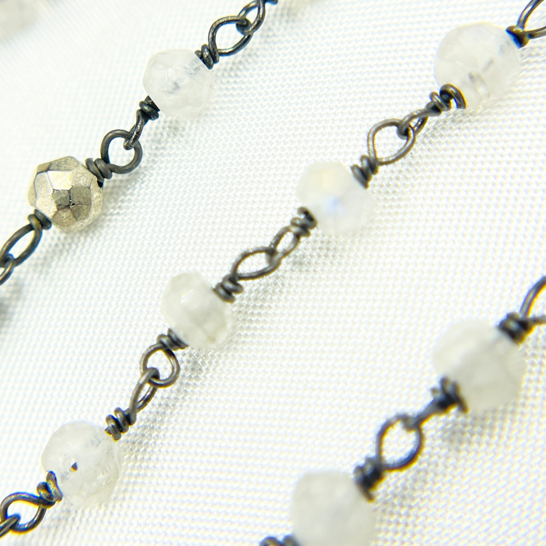 Moonstone & Pyrite Oxidized Wire Chain. MS46