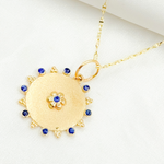 Load image into Gallery viewer, 14K Solid Gold Circle Charm with Flower in the Center in Diamond and Gemstones. GDP525
