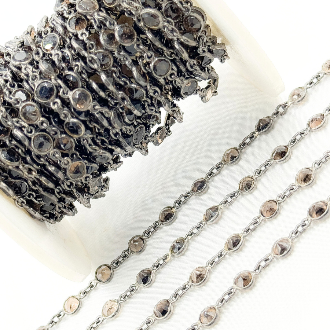 Smoky Quartz Round Shape Bezel Oxidized Wire Chain. SMQ2