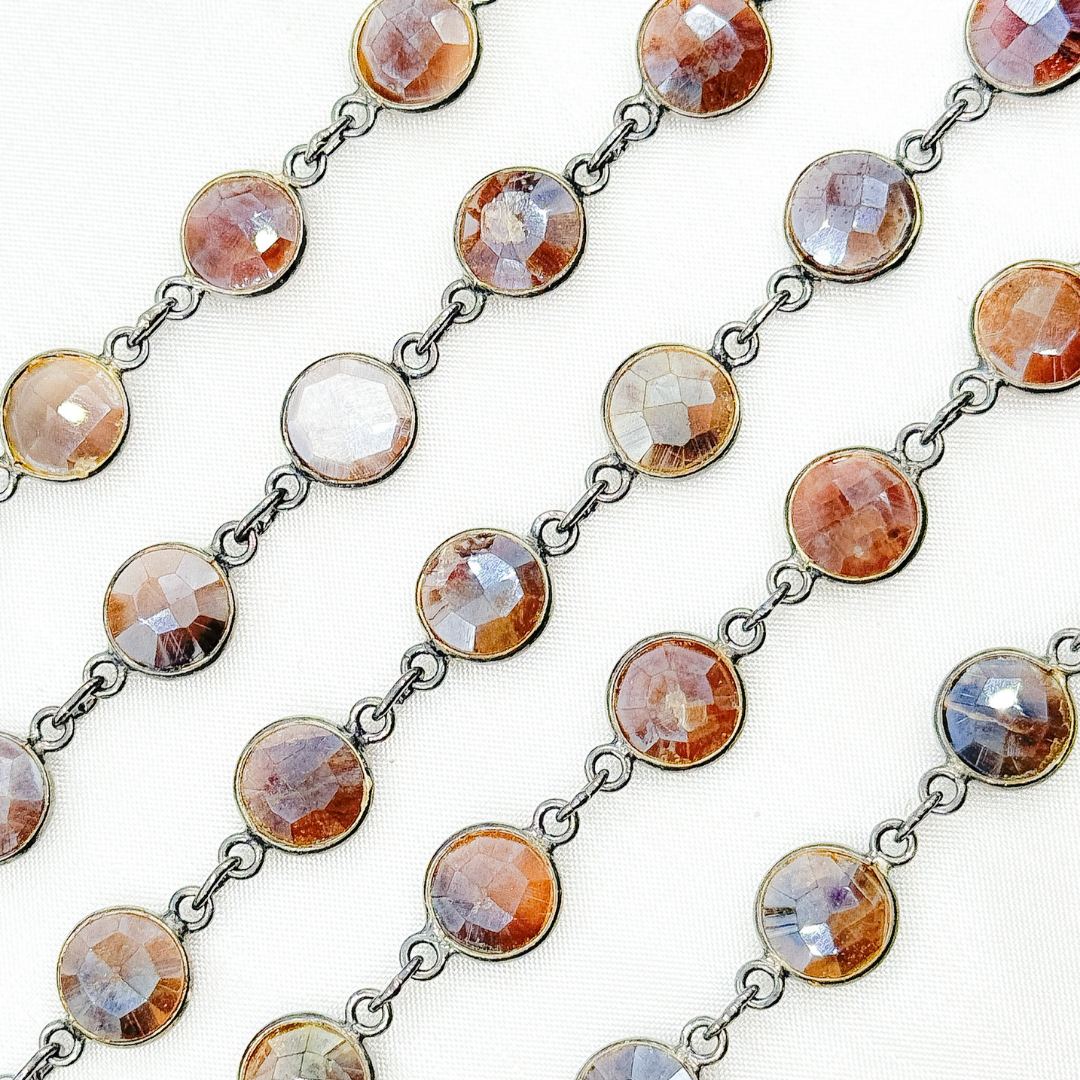 Coated Chocolate Moonstone Round Shape Bezel Oxidized Wire Chain. CMS13