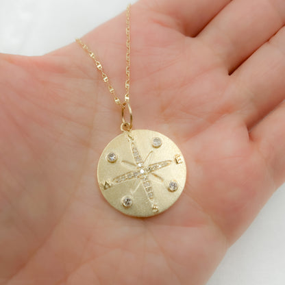 14k Solid Gold Diamond Medallion Compass Charm. GDP291
