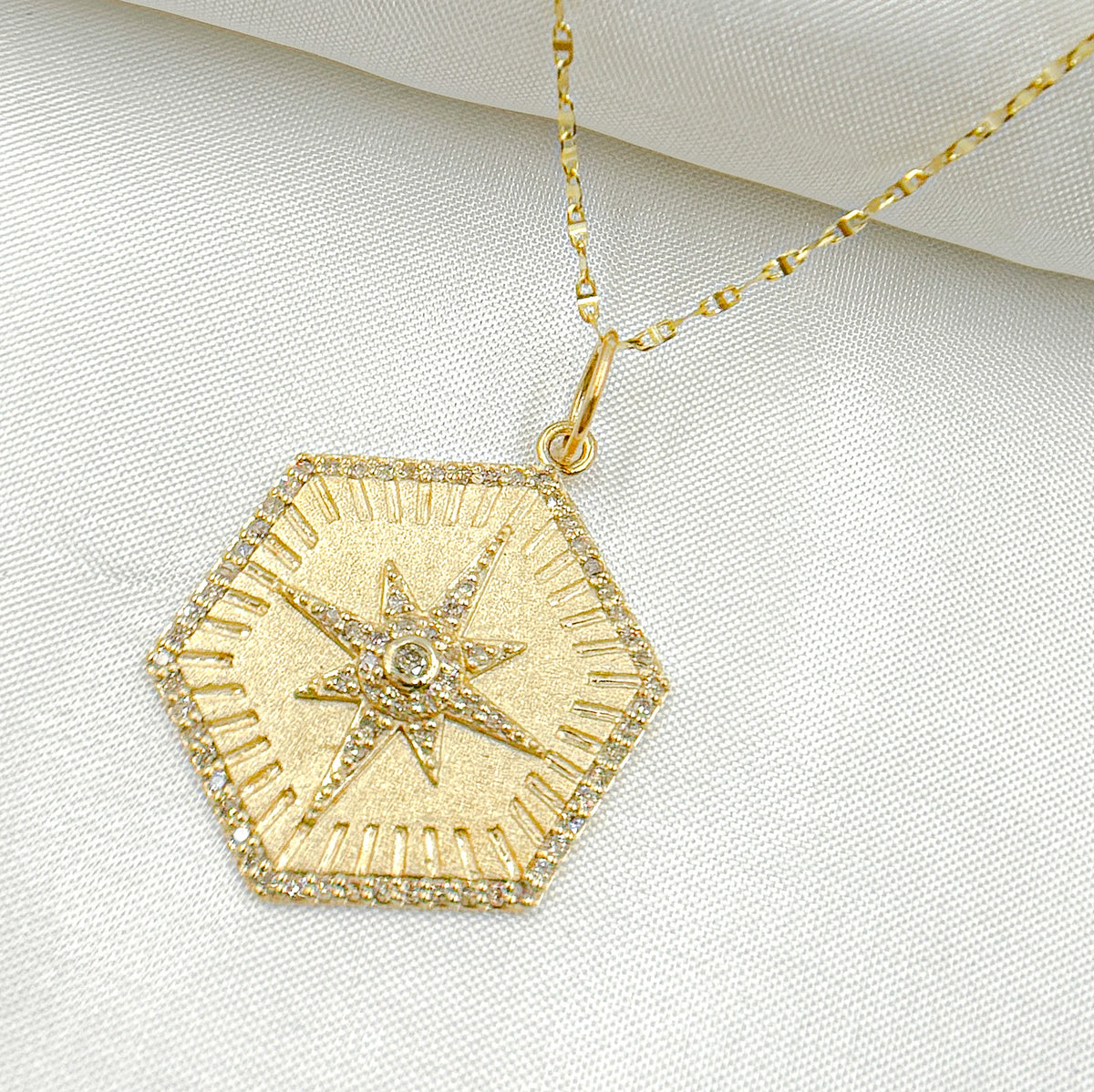 14k Solid Gold Diamond Hexagon Charm. GDP500
