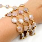 Load image into Gallery viewer, Coated Peach Moonstone Round Shape Bezel Gold Plated Wire Chain. CMS5
