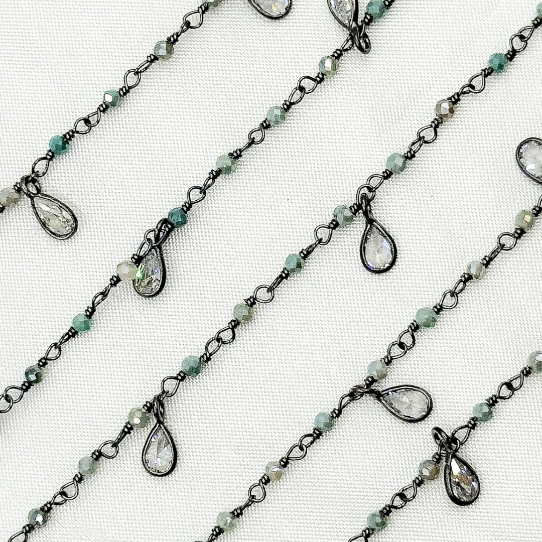 Coated Green Quartz & CZ Dangle Oxidized Wire Chain. CQU44