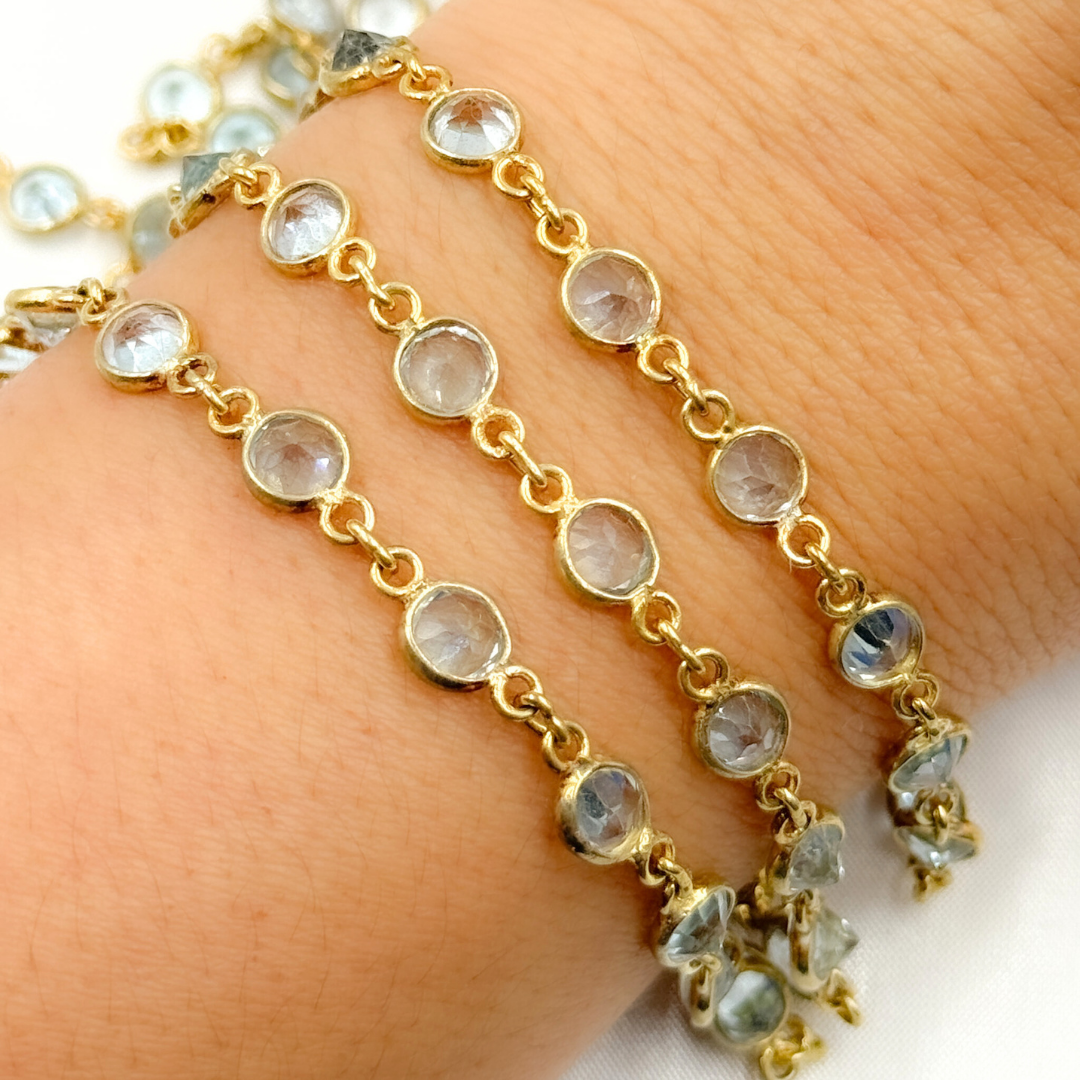 Sky Blue Topaz Round Shape Bezel Gold Plated Wire Chain.