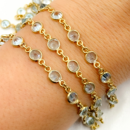 Sky Blue Topaz Round Shape Bezel Gold Plated Wire Chain.