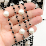 Black Spinel & Pearl Oxidized 925 Sterling Silver Wire Chain