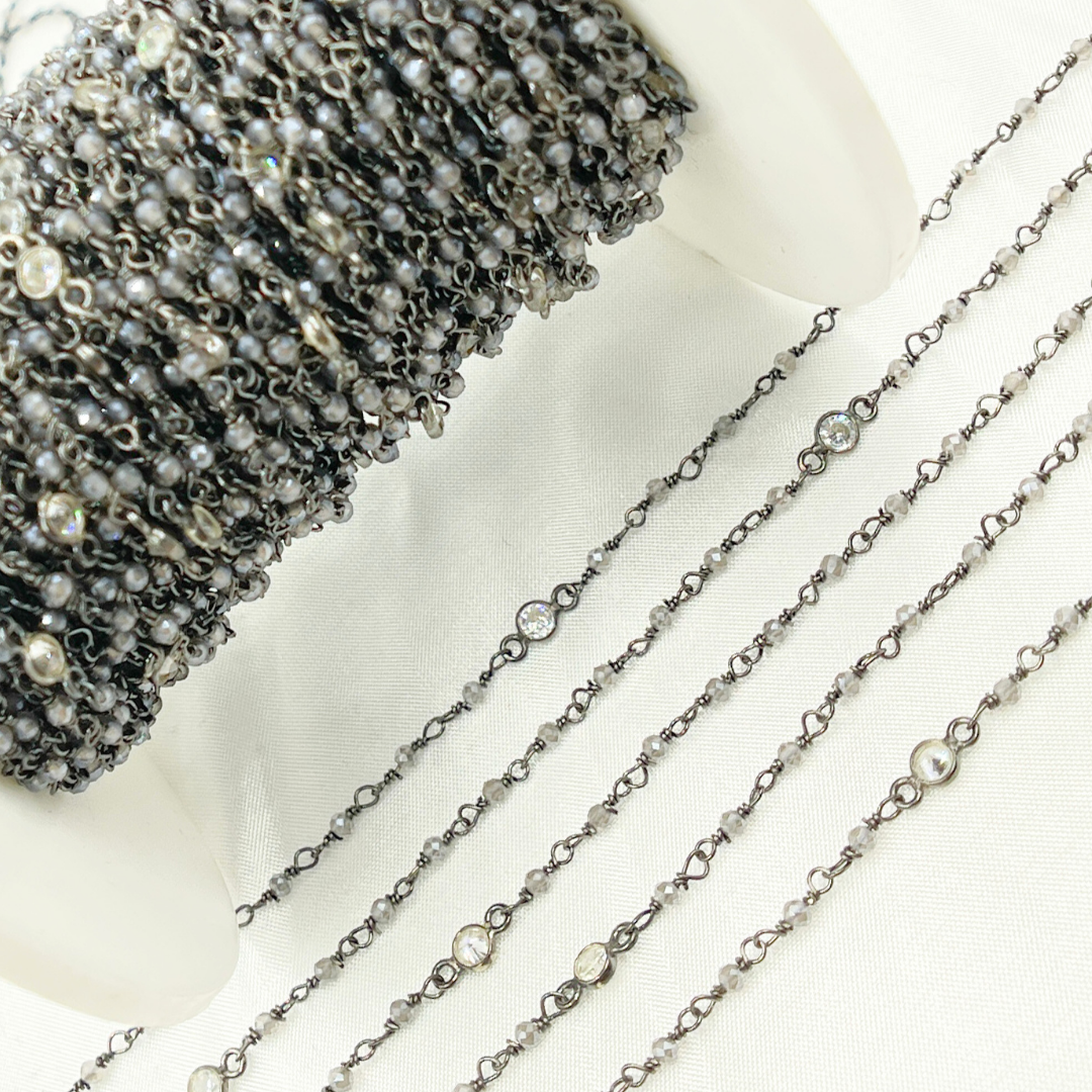 Coated Gray Moonstone & Round CZ Wire Wrap Chain made with Black Rhodium 925 Sterling Silver. CMS55