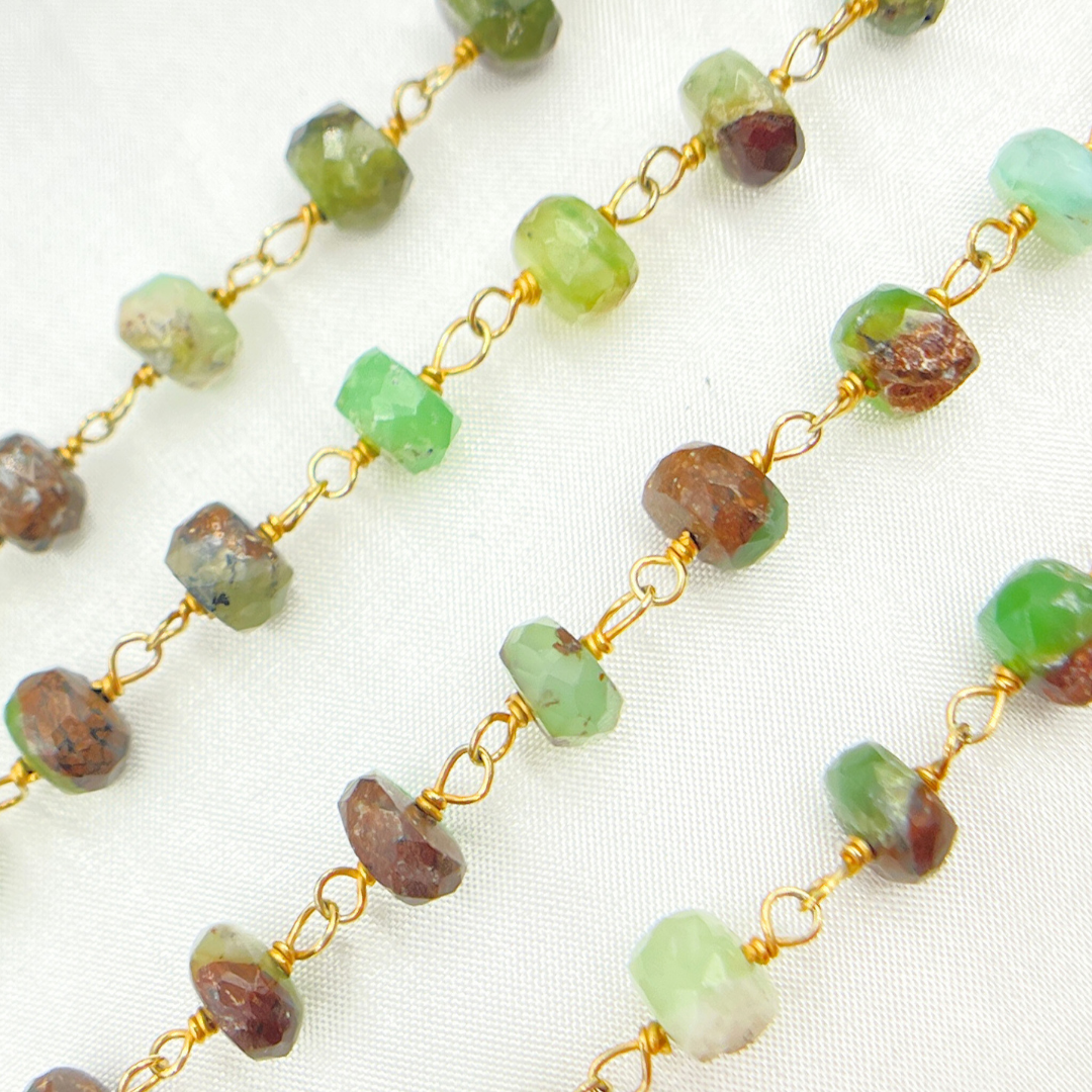 Two Tone Chrysoprase Rondel Shape Gold Plated Wire Chain. CHR18