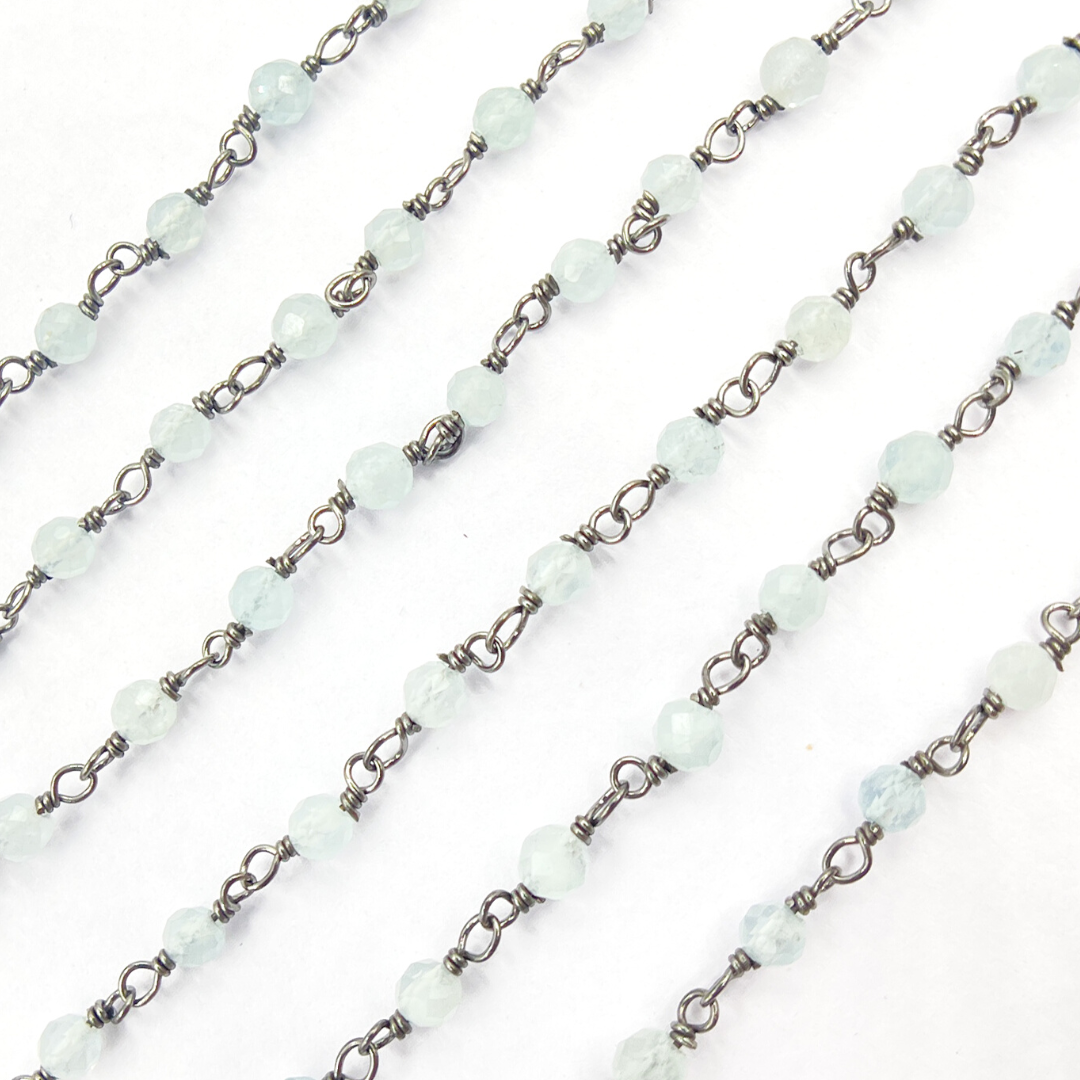 Aqua Blue gemstone Oxidized 925 Sterling Silver Wire Chain. AQU2