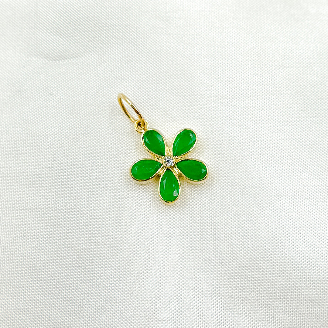 14k Solid Gold Diamond and Emerald Flower Charm. GDP568